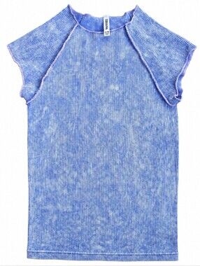 Zenana Blue Tie Dye Ribbed Mock Neck Top S/M Short Sleeve Stretchy